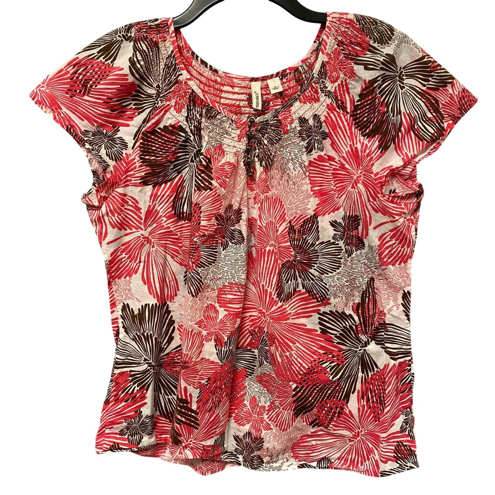 St Johns Bay Floral Smocked Neck Short Sleeve Blouse Size L Peasant Top Y2K